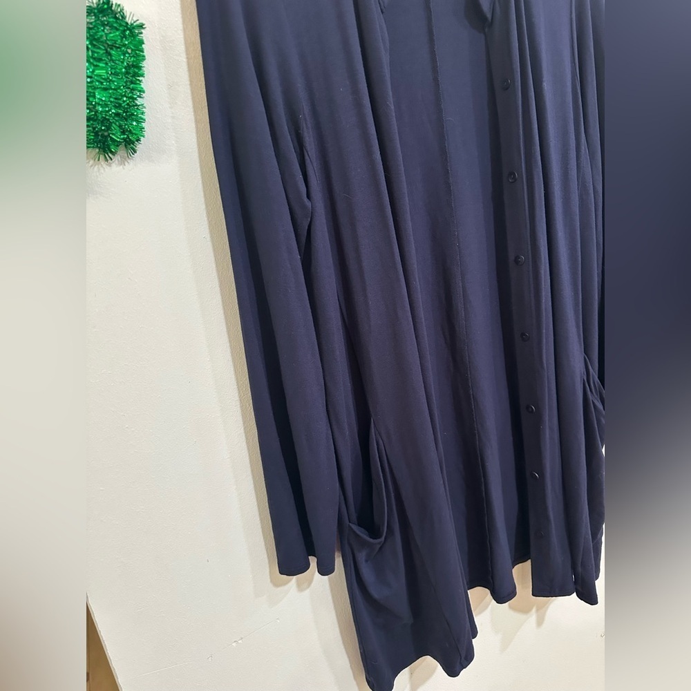 Eileen Fisher Long Open Button Down Cardigan Pockets Navy Tencel Size Small - Picture 2 of 5